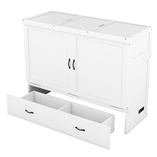 Ball & Cast Queen Size Solid Pine Murphy Bed with Charging Station, White + Walnut P2075