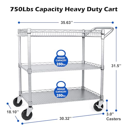 WDT Heavy Duty 3 Tier Utility Cart with Wheels, Commercial Grade Service Cart, 750LBS Capacity Silver L466