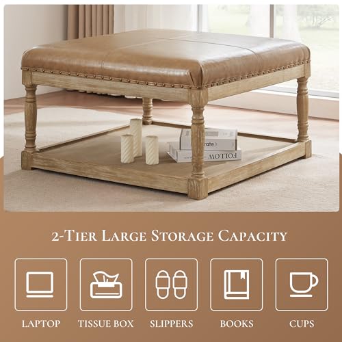 33-Inch Square Ottoman Coffee Table with Storage, Brown W195722