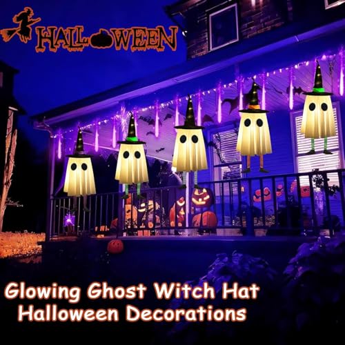 Halloween Hanging Ghosts with Witch Hat Lights, Set of 4 for Outdoor Yard Decor H703891