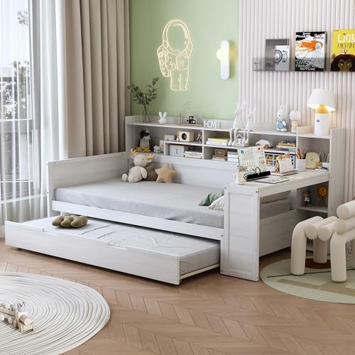 Bellemave Twin Corner Bed Frame with Storage Shelves and Desk, Gray L74206