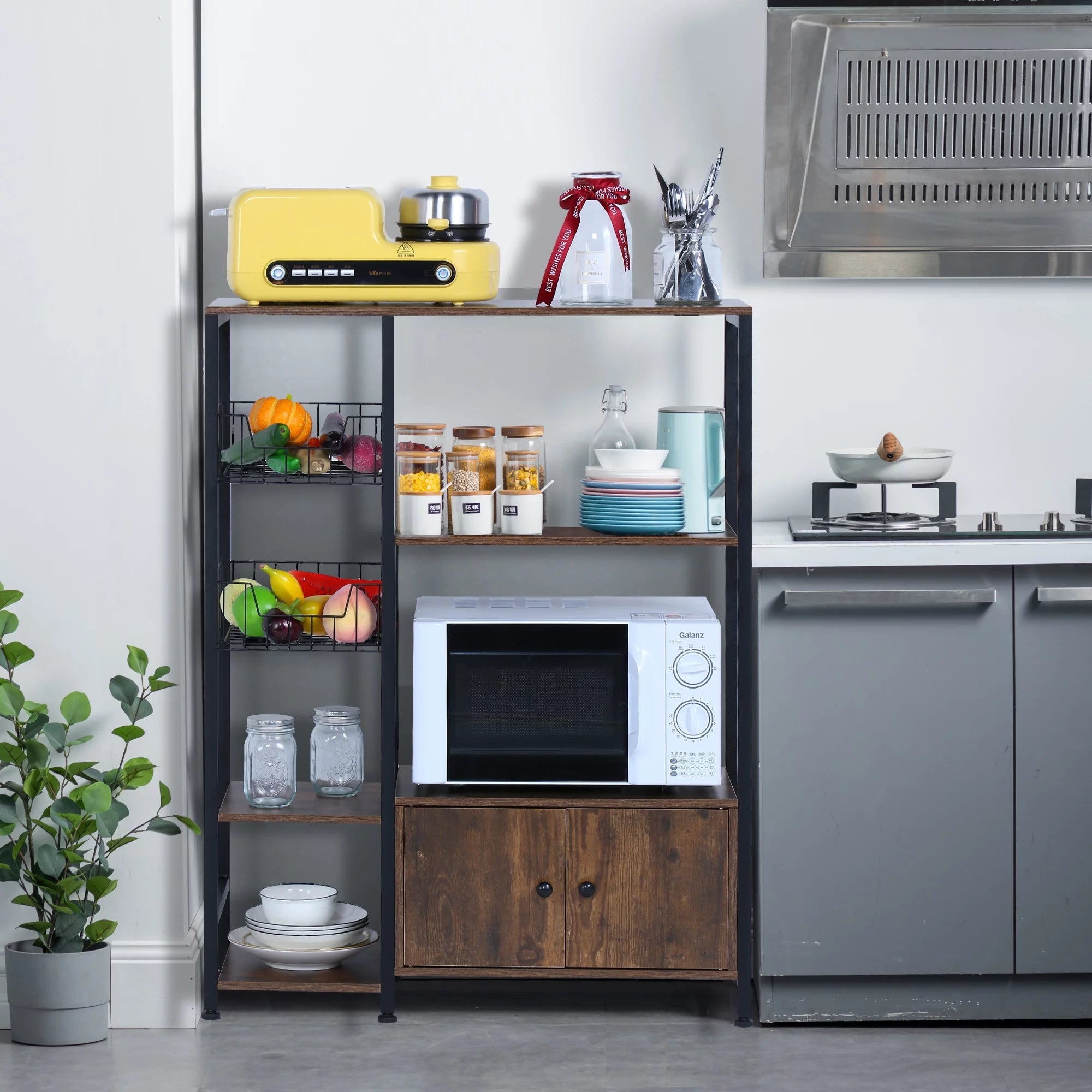 NAIYUFA 5-Tier Kitchen Bakers Rack with Cabinet, Wood Brown G3977