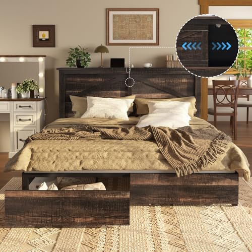 AMERLIFE King Bed Frame with Bookcase Headboard and Charging Station V4787