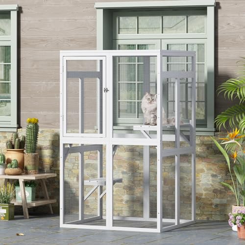 COZIWOW Catio Outdoor Cat Enclosure with Window Access, Wooden Kitty Cage, White T1021
