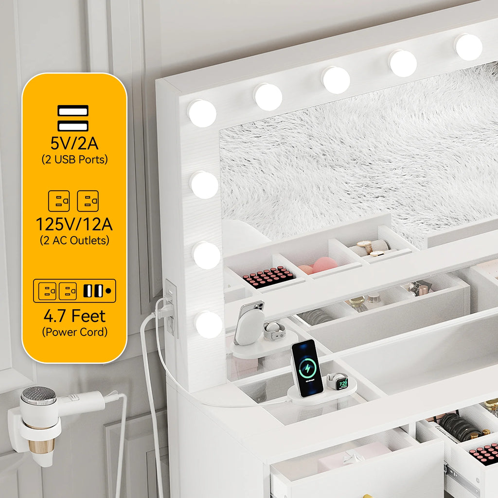 DWVO Vanity Table Set with Lighted Mirror, Charging Station & Stool D23790