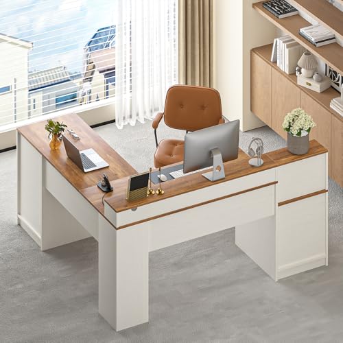 63" Farmhouse L Shaped Desk with Drawers, Power Outlets & Storage Shelf Q538