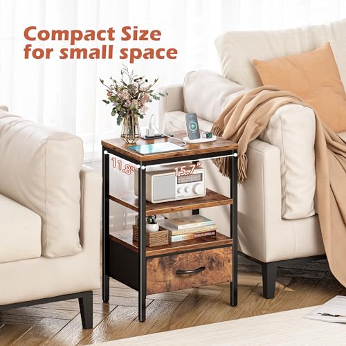 SUPERJARE Nightstand with Charging Station, Fabric Drawer, 3-Tier Storage, Walnut K366263