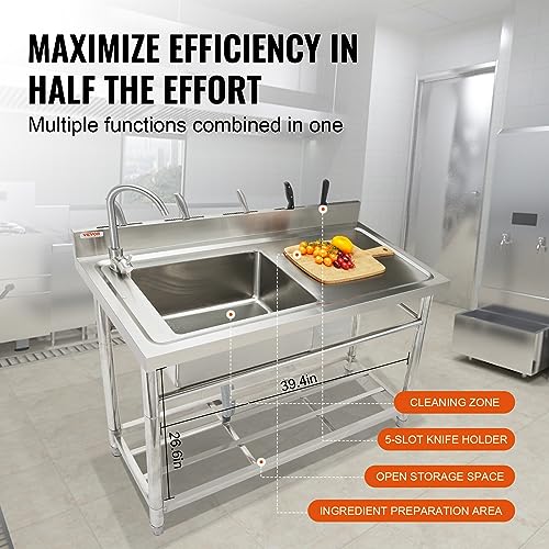 VEVOR Stainless Steel Utility Sink with Workbench Faucet and Legs, 39.4 x 19.1 x 37.4 in L559