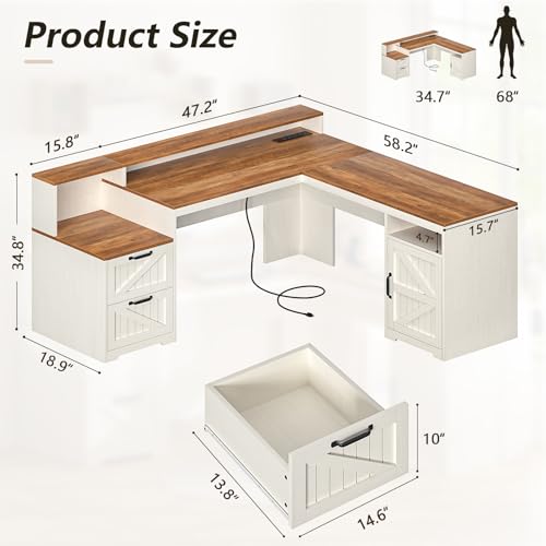 63" Farmhouse L Shaped Desk with Drawers, Power Outlets & Storage Shelf Q538