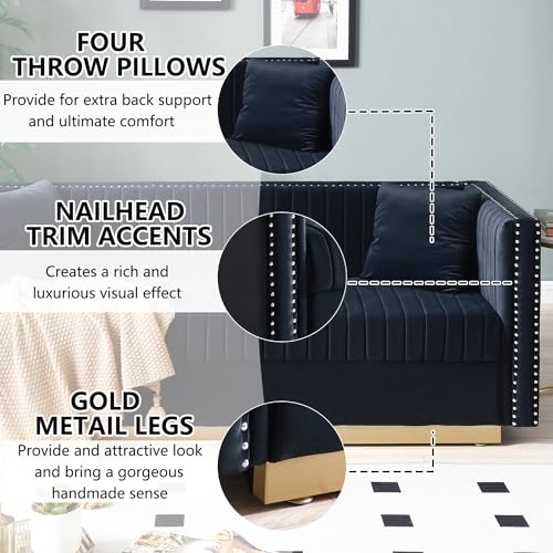 78" Velvet Couch with 2 Pillows, Gold Metal Legs, Black Z118018