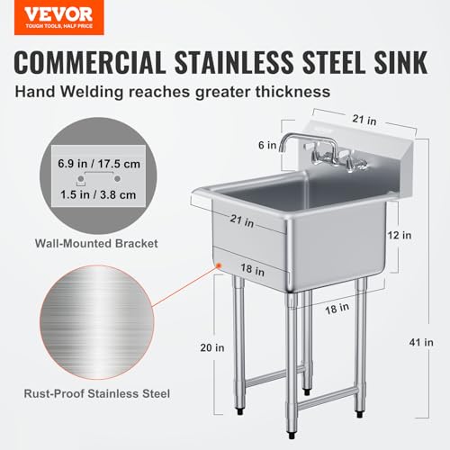 VEVOR Stainless Steel Prep & Utility Sink with Faucet and Legs, 21"x18" Single Bowl L5070