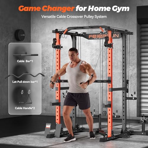 FEIERDUN Squat Rack Power Cage with Cable Crossover, 2000LBS Capacity I6292