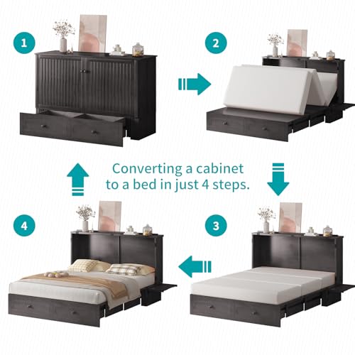 BALUS Murphy Cabinet Bed Queen with USB Charging Station, Tri-Fold Mattress, Dark Grey V81631