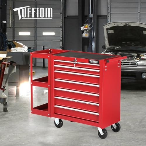 TUFFIOM 7-Drawer Rolling Tool Chest with Side Shelves and Lockable Wheels L105
