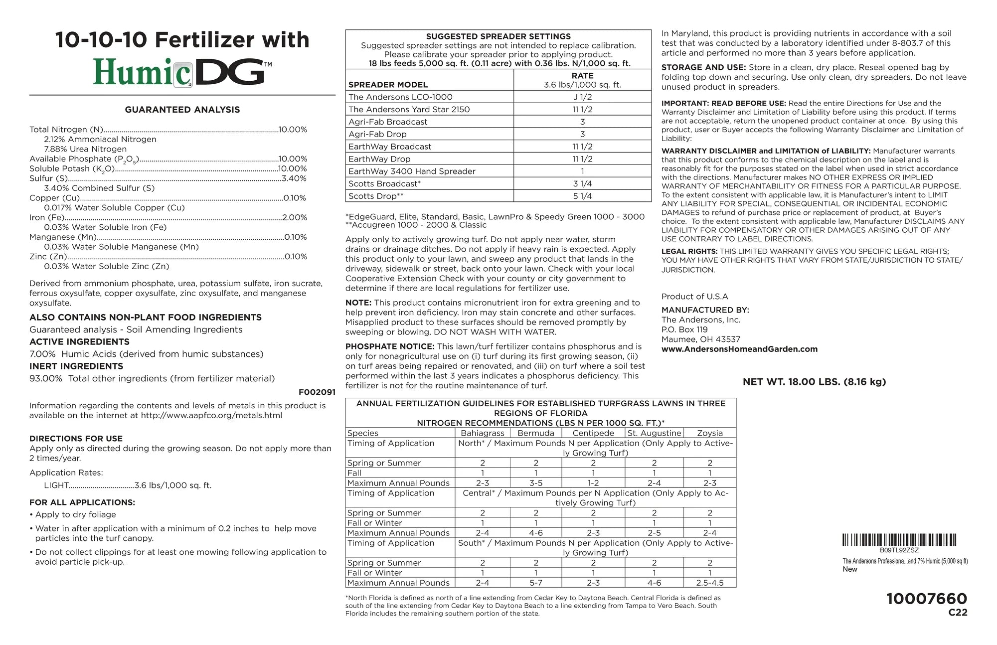 The Andersons Professional 10-10-10 Fertilizer with Micronutrients 2% Iron and 7% Humic - 18lb. R9315