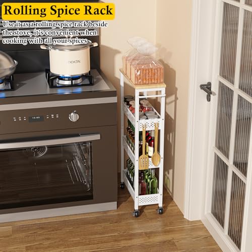 Utility Slim Storage Cart 4-Tier Rolling Cart with Wood Top A517006