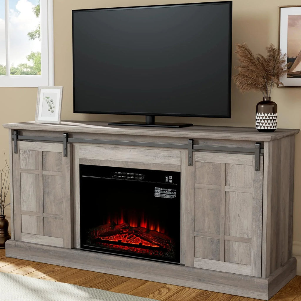58" Farmhouse TV Stand with 23" Electric Fireplace, Entertainment Center, Fireplace TV Console with Barn Doors for Living Room, Gray Wash