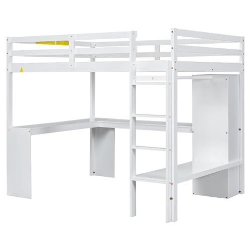 SOFTSEA Full Size Loft Bed with Desk & Wardrobe, White F150304