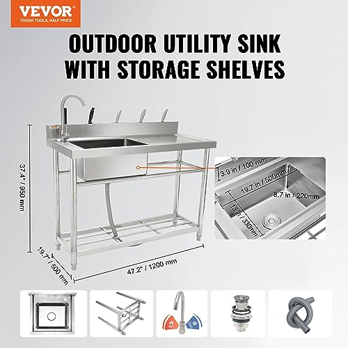 VEVOR Stainless Steel Utility Sink with Workbench Faucet and Legs, 39.4 x 19.1 x 37.4 in L559