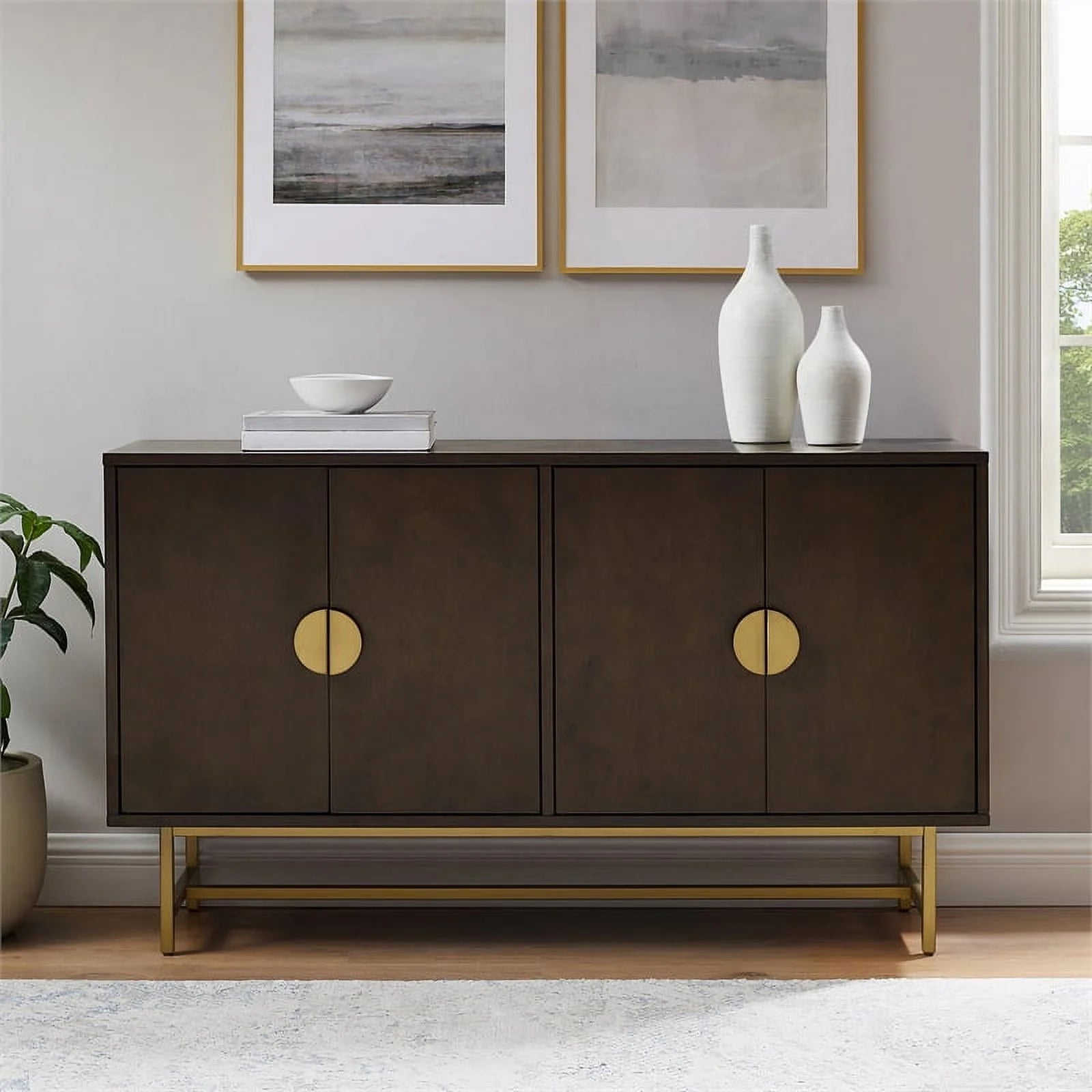 Crosley Furniture Blair Mid-Century Wood/Steel Sideboard, Dark Brown/Gold N739091