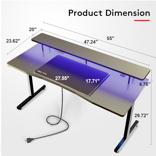 GTRACING 55 Inch Gaming Desk with LED Lights and Monitor Stand I9402