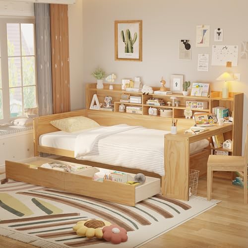 Bellemave Twin Corner Bed Frame with Storage Shelves and Desk, Gray L74206