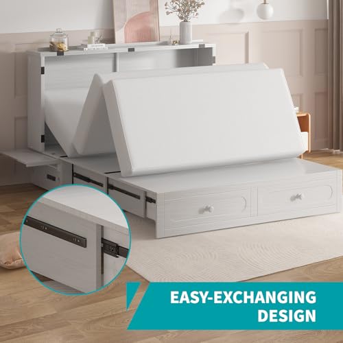 BALUS Murphy Cabinet Bed Queen with USB Charging Station, Tri-Fold Mattress, Dark Grey V81631