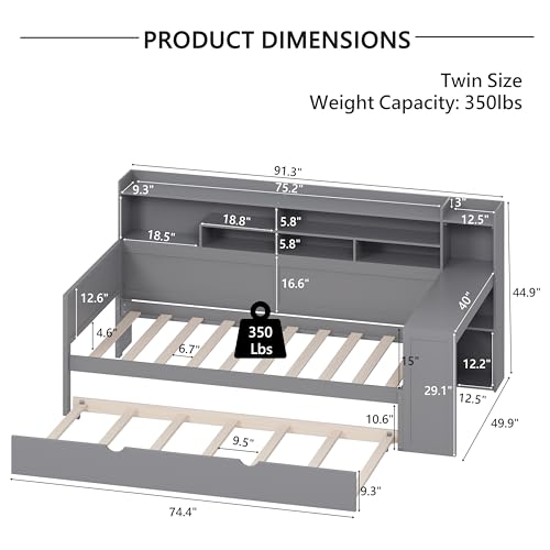 Bellemave Twin Corner Bed Frame with Storage Shelves and Desk, Gray L74206