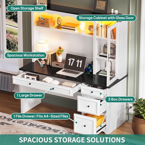 YITAHOME Executive Desk with Hutch, Drawers, Power Outlet & LED Lights, White & Black Z850393