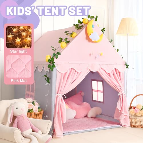 Wilwolfer Kid Tent with Mat and Star Lights - Indoor Playhouse for Toddlers and Girls (Pink) N411519
