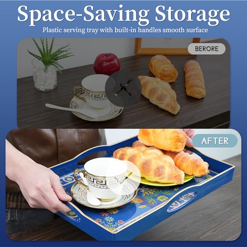 Gifturbo Blue Serving Tray with Handles, Rectangular Plastic Tray J15614