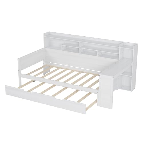 Bellemave Twin Corner Bed Frame with Storage Shelves and Desk, Gray L74206