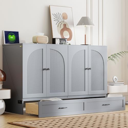 Harper & Bright Designs Queen Murphy Bed Cabinet with USB Charging Station, White D9669