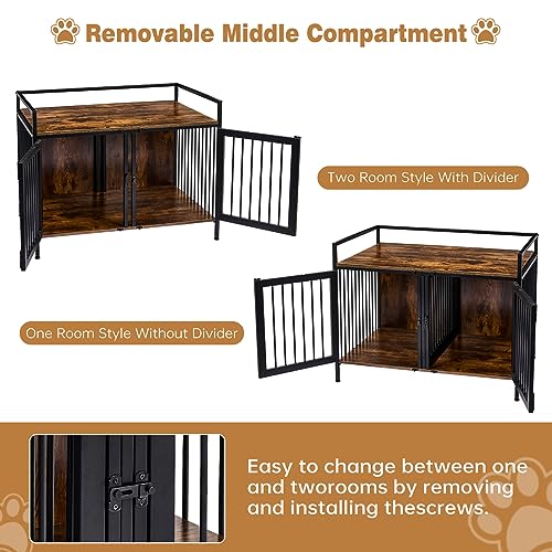 2 Rooms Dog Crate Furniture with Divider, Heavy Duty Indoor Dog Kennel, TV Stand A5274