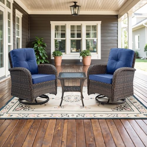 Outdoor Wicker Swivel Rocker Chairs Set of 2 with Rattan Side Table, Brown/Blue B592