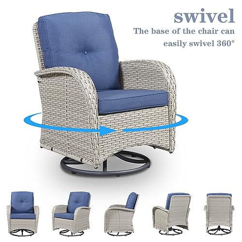 Outdoor Wicker Swivel Rocker Chairs Set of 2 with Rattan Side Table, Brown/Blue B592