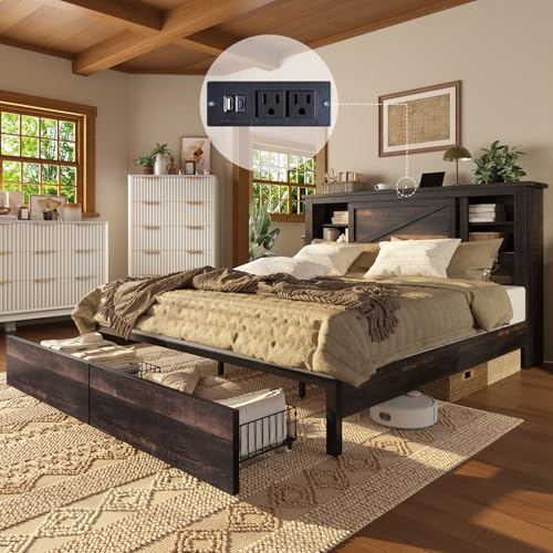 AMERLIFE King Bed Frame with Bookcase Headboard and Charging Station V4787
