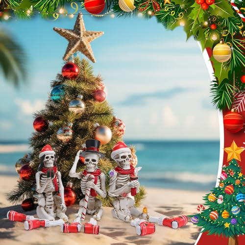 Soulchen 3 Pcs Skeleton Figurines with Christmas Hat and Scarf 7.5" Tall W331129