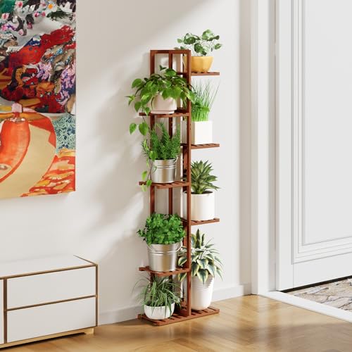 ROSSNY 48 Inch Tall 6-Tier Bamboo Plant Stand for Indoor Plants, Corner Plant Shelf, Natural W935552