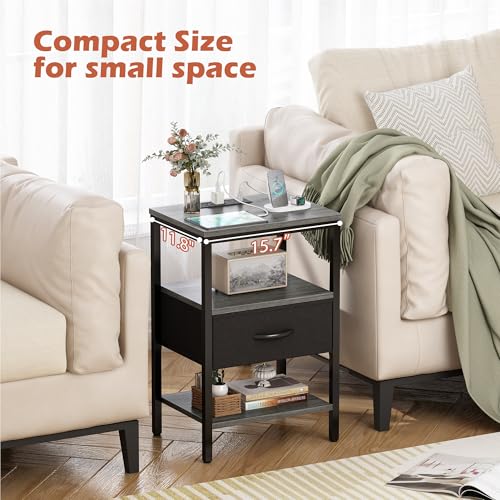 SUPERJARE Nightstand with Charging Station, Fabric Drawer, 3-Tier Storage, Walnut K366263