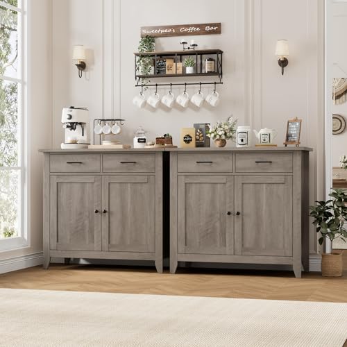 HORSTORS Kitchen Storage Cabinet, Farmhouse Buffet with 2 Drawers and 2 Doors, Grey A4009