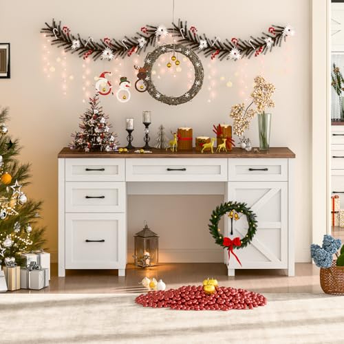 Farmhouse 61" Executive Desk with 5 Drawers and Charging Station, Pure Black W116439