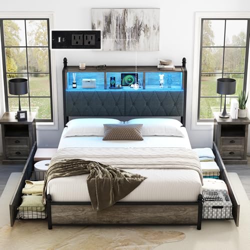 AMERLIFE Full Size Bed Frame with Bookcase Headboard, Charging Station, Rustic Brown H544