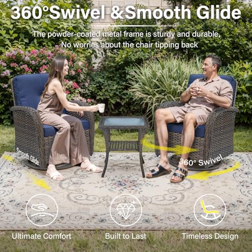 Outdoor Wicker Swivel Rocker Chairs Set of 2 with Rattan Side Table, Brown/Blue B592
