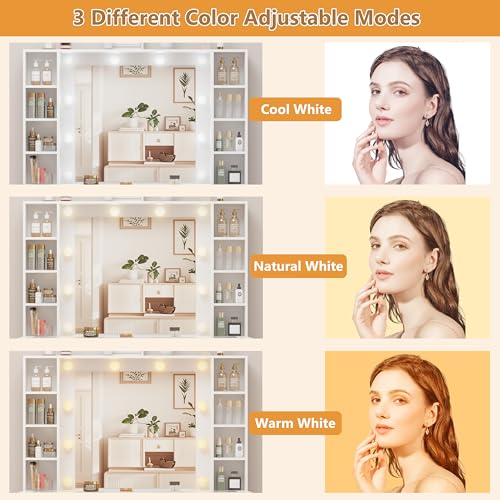 White Vanity Desk with Mirror and Lights, Glass Top, 3 Drawers V863482
