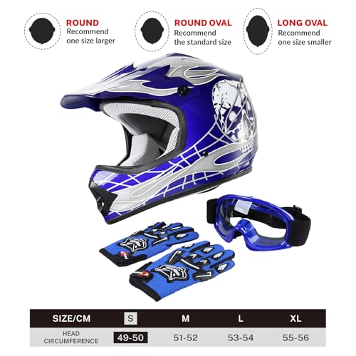SLMOTO Dot Youth Kids Motocross Offroad Helmet with Goggles and Gloves Blue Skull D851858