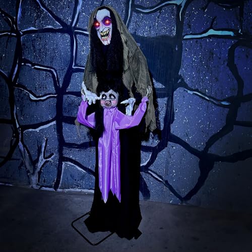 Haunted Hill Farm 5.25-ft Standing Gravekeeper Animatronic with Red LED Eyes and Sound Effects X9371
