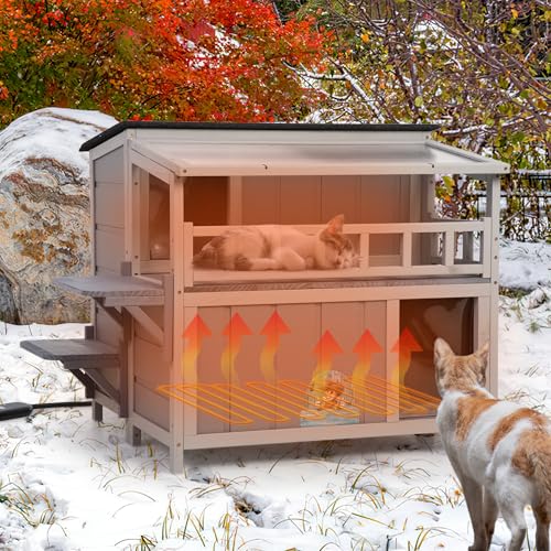 Warm Wood Cat Shelter with Sunlight Roof for Outdoor Use J791