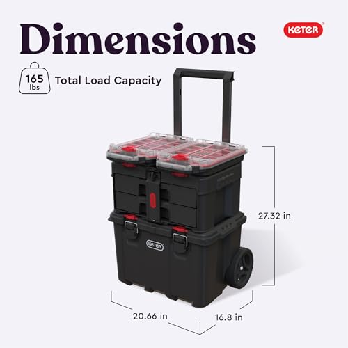 Keter Stack-n-Roll Modular Tools Organizer, 3 Piece Resin Rolling Tool Box, Black S451