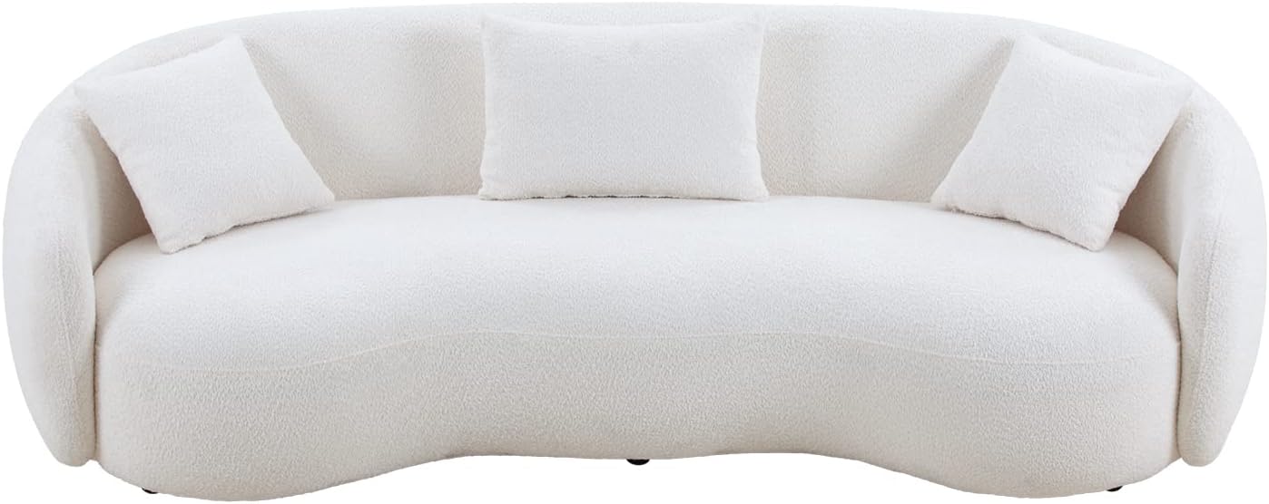 Curved Boucle Upholstered Cloud Couch with 3 Throw Pillows, Beige O9888